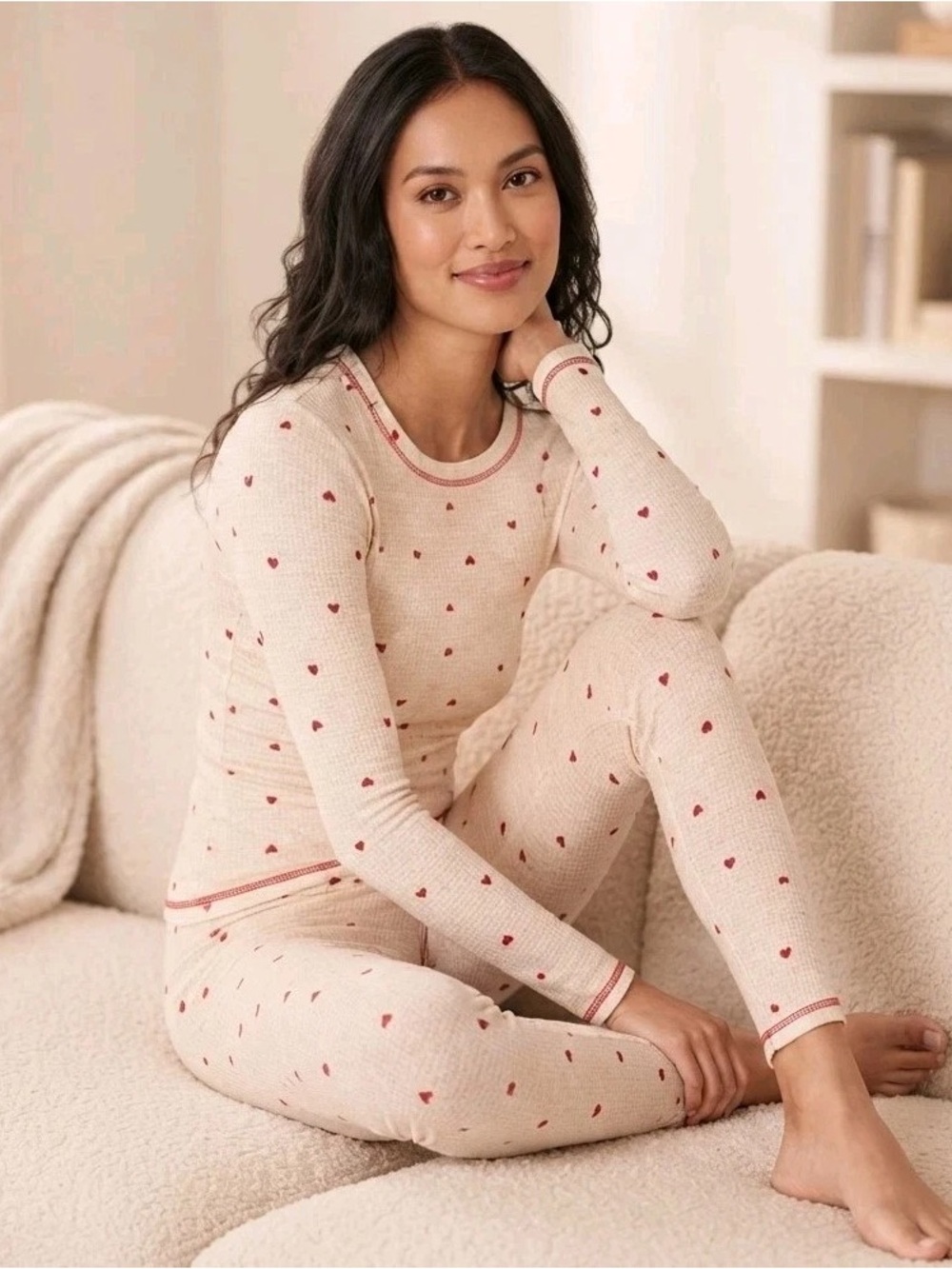 Laura Ashley Cream Heart-Print Thermal Long John Set - Women's Cozy Sleepwear